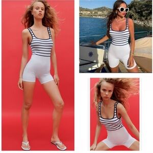 H9 Zara Bloggers Fav Navy Blue White Striped Sleeveless Jumpsuit Romper Playsuit